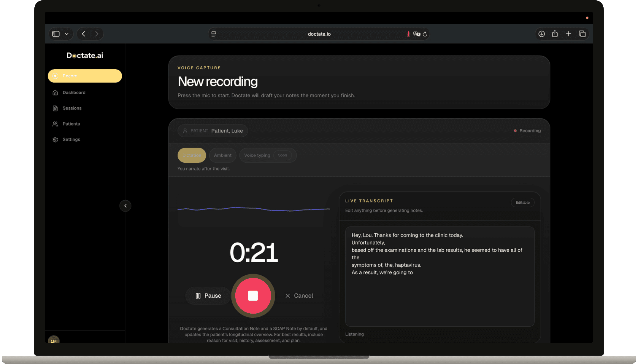 Doctate.ai — Record session (web)